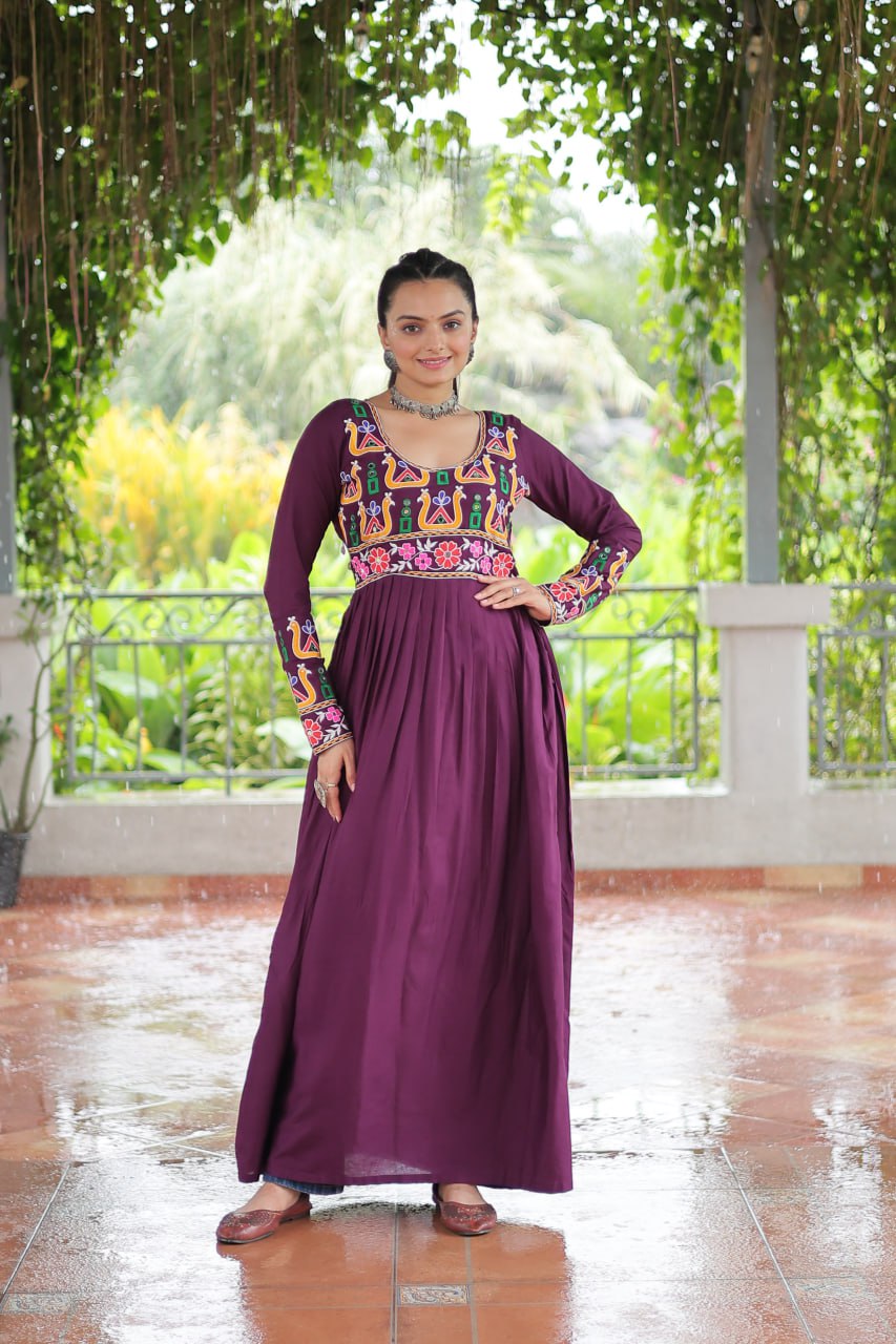 Purple Navratri Special Rayon Kurti with Kutchi Gamthi Work – Adjustable Fit & Full Sleeves