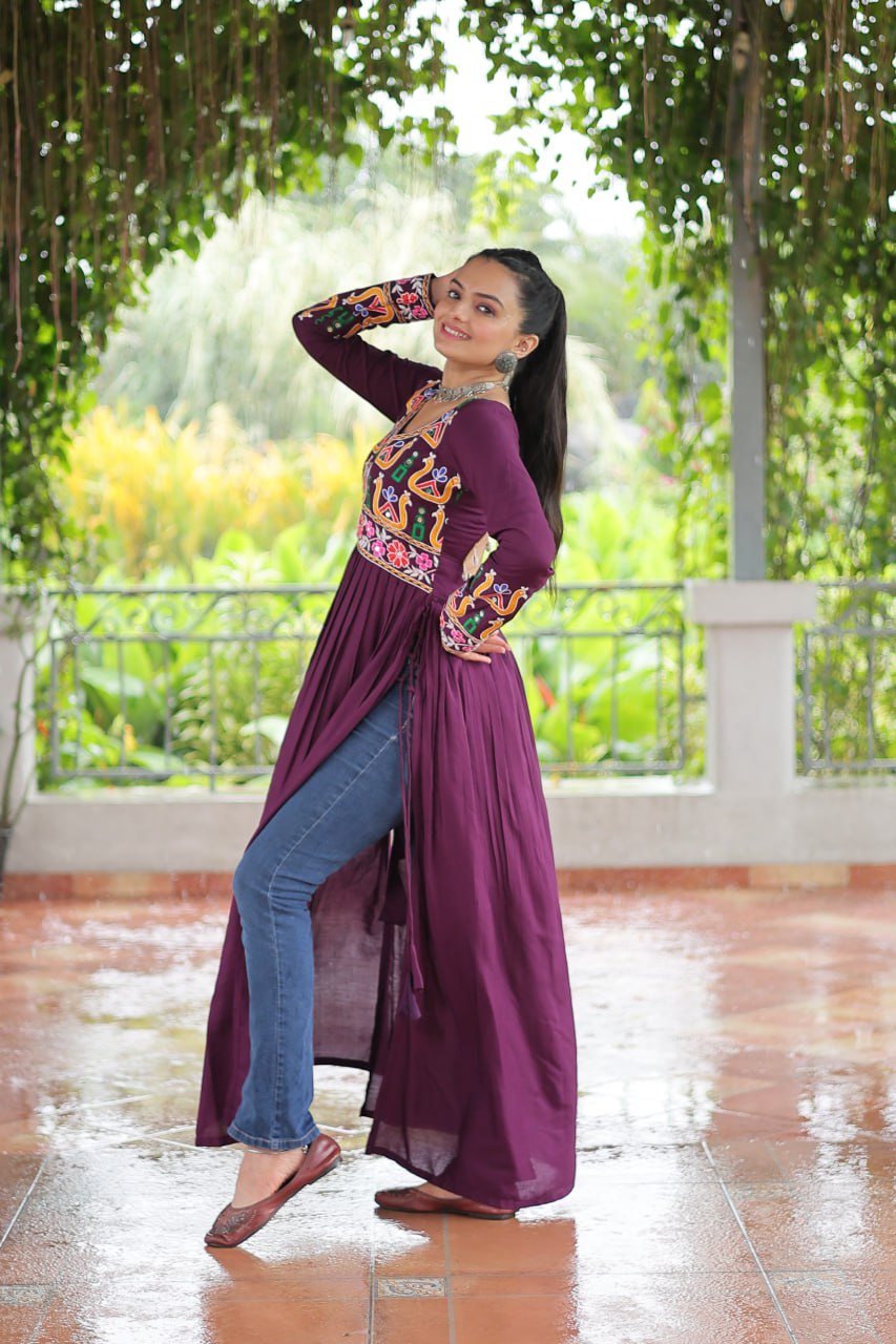 Purple Navratri Special Rayon Kurti with Kutchi Gamthi Work – Adjustable Fit & Full Sleeves