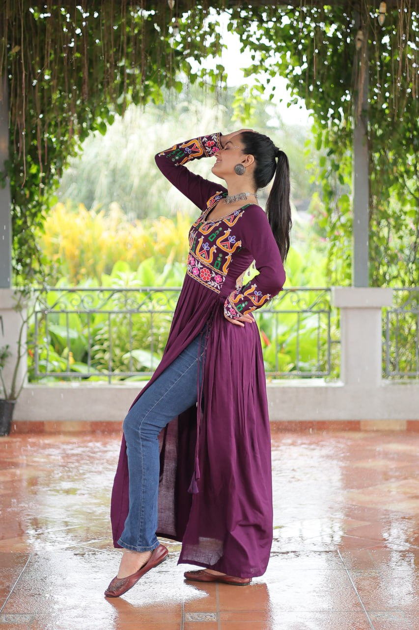 Purple Navratri Special Rayon Kurti with Kutchi Gamthi Work – Adjustable Fit & Full Sleeves