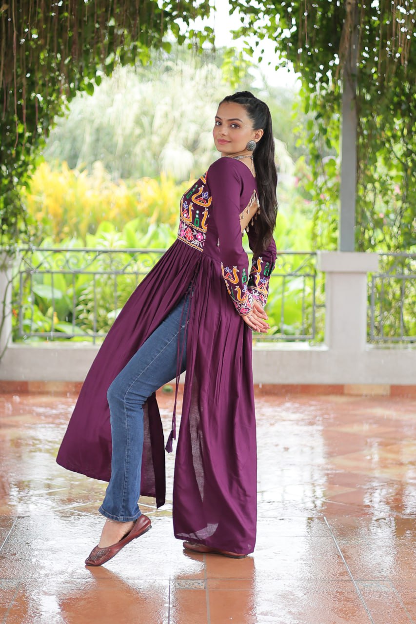 Purple Navratri Special Rayon Kurti with Kutchi Gamthi Work – Adjustable Fit & Full Sleeves