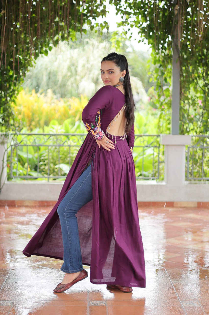 Purple Navratri Special Rayon Kurti with Kutchi Gamthi Work – Adjustable Fit & Full Sleeves