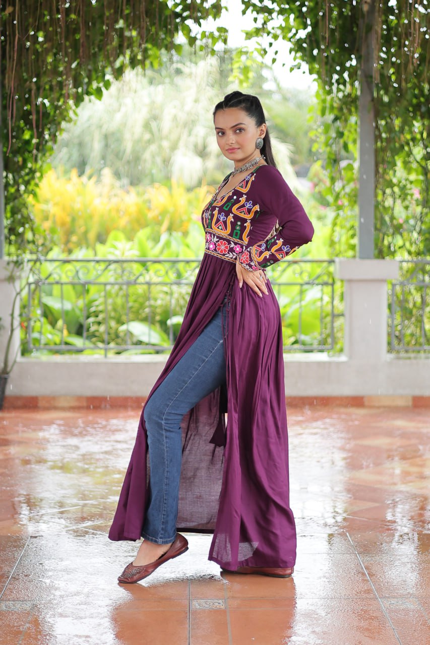 Purple Navratri Special Rayon Kurti with Kutchi Gamthi Work – Adjustable Fit & Full Sleeves