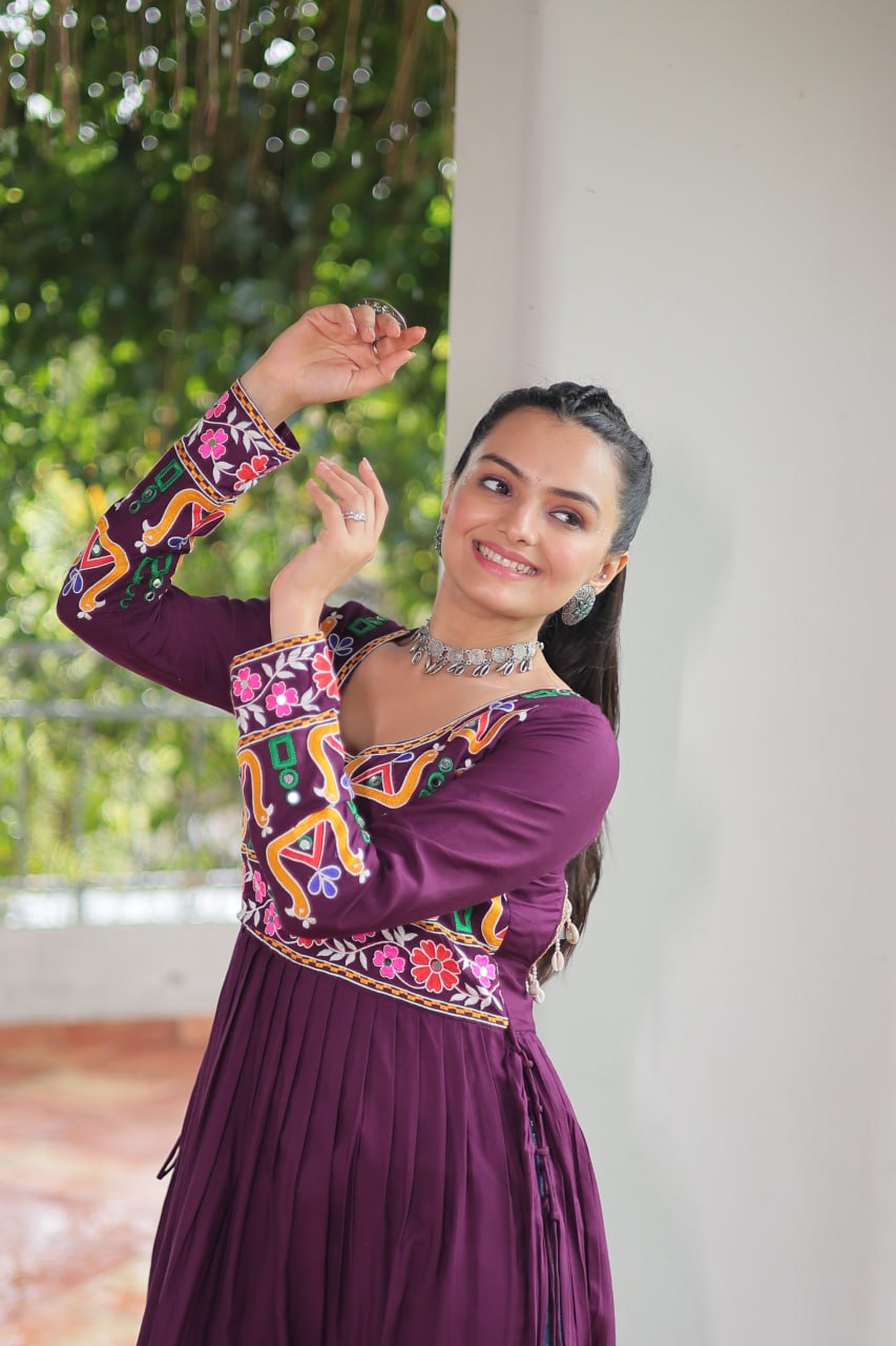 Purple Navratri Special Rayon Kurti with Kutchi Gamthi Work – Adjustable Fit & Full Sleeves
