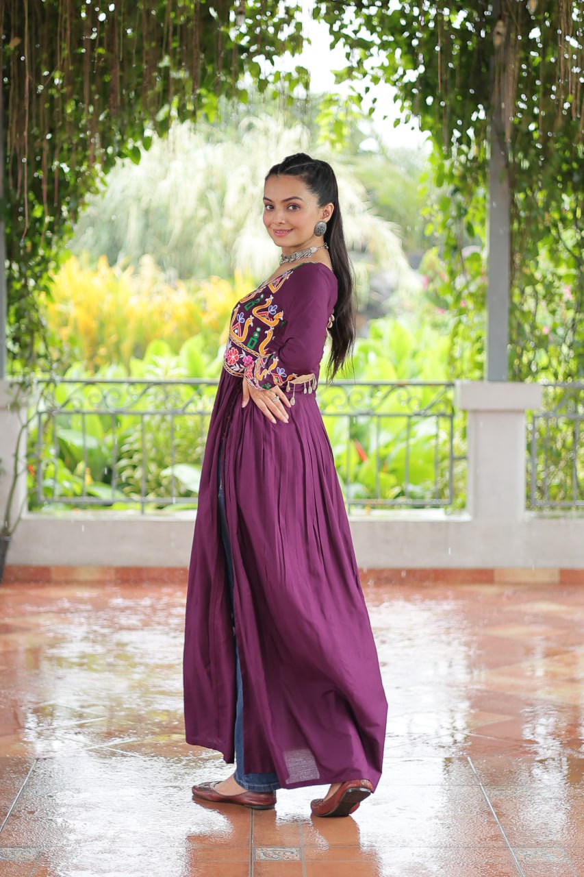 Purple Navratri Special Rayon Kurti with Kutchi Gamthi Work – Adjustable Fit & Full Sleeves