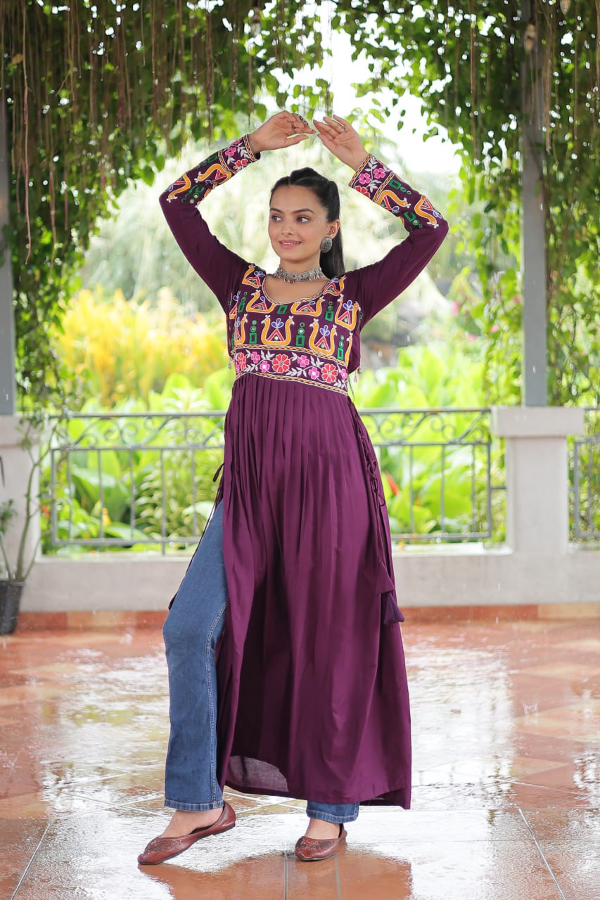 Purple Navratri Special Rayon Kurti with Kutchi Gamthi Work – Adjustable Fit & Full Sleeves