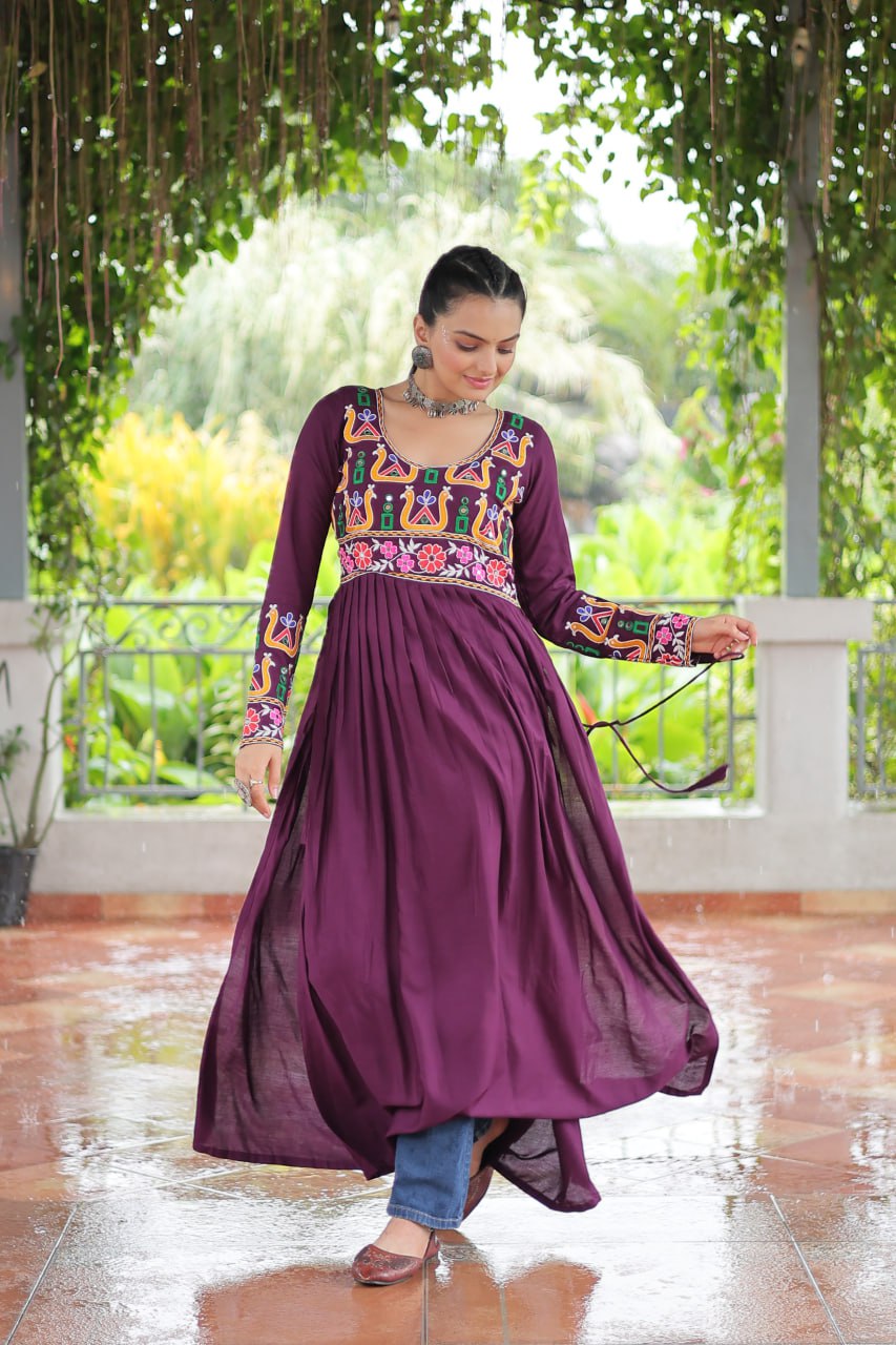 Purple Navratri Special Rayon Kurti with Kutchi Gamthi Work – Adjustable Fit & Full Sleeves