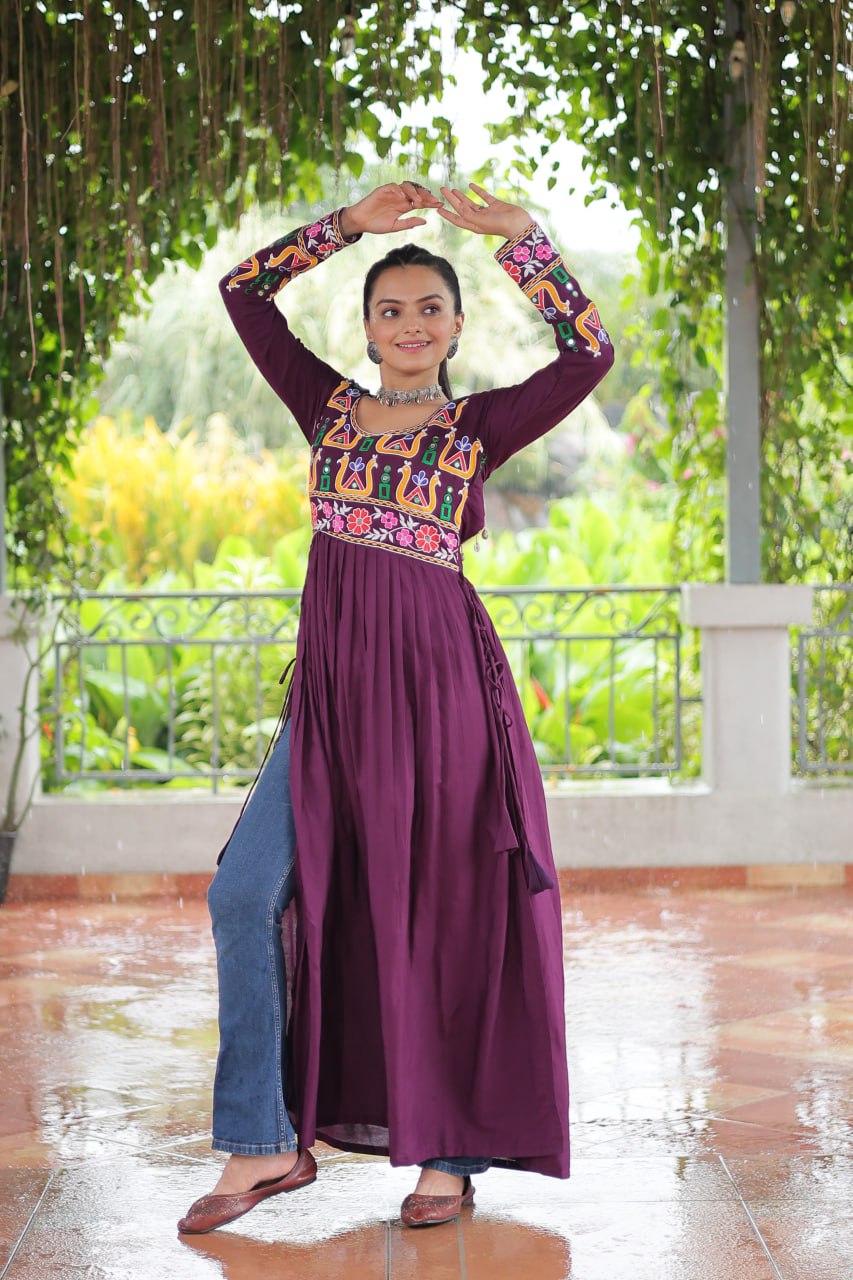 Purple Navratri Special Rayon Kurti with Kutchi Gamthi Work – Adjustable Fit & Full Sleeves