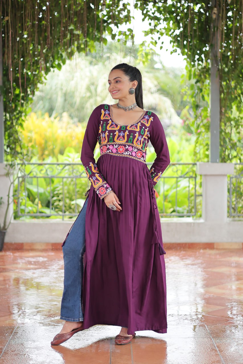 Purple Navratri Special Rayon Kurti with Kutchi Gamthi Work – Adjustable Fit & Full Sleeves