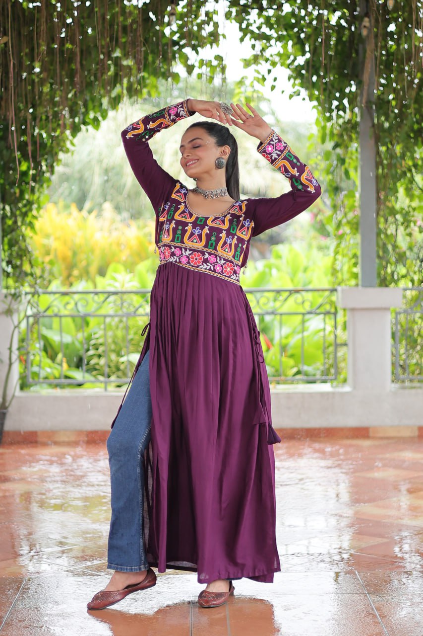 Purple Navratri Special Rayon Kurti with Kutchi Gamthi Work – Adjustable Fit & Full Sleeves