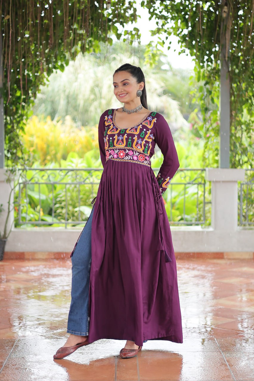 Purple Navratri Special Rayon Kurti with Kutchi Gamthi Work – Adjustable Fit & Full Sleeves
