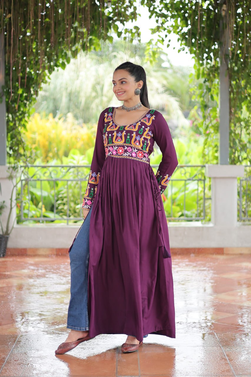Purple Navratri Special Rayon Kurti with Kutchi Gamthi Work – Adjustable Fit & Full Sleeves