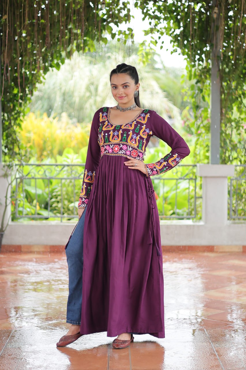 Purple Navratri Special Rayon Kurti with Kutchi Gamthi Work – Adjustable Fit & Full Sleeves