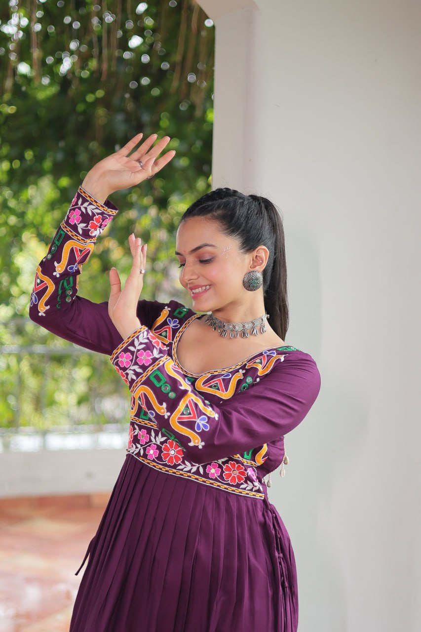 Purple Navratri Special Rayon Kurti with Kutchi Gamthi Work – Adjustable Fit & Full Sleeves