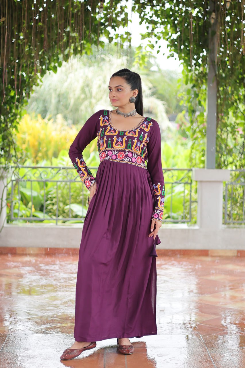 Purple Navratri Special Rayon Kurti with Kutchi Gamthi Work – Adjustable Fit & Full Sleeves