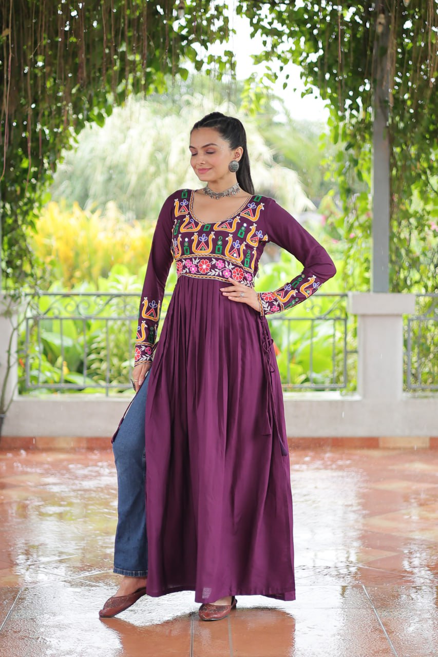Purple Navratri Special Rayon Kurti with Kutchi Gamthi Work – Adjustable Fit & Full Sleeves