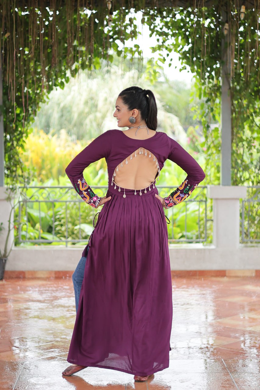 Purple Navratri Special Rayon Kurti with Kutchi Gamthi Work – Adjustable Fit & Full Sleeves