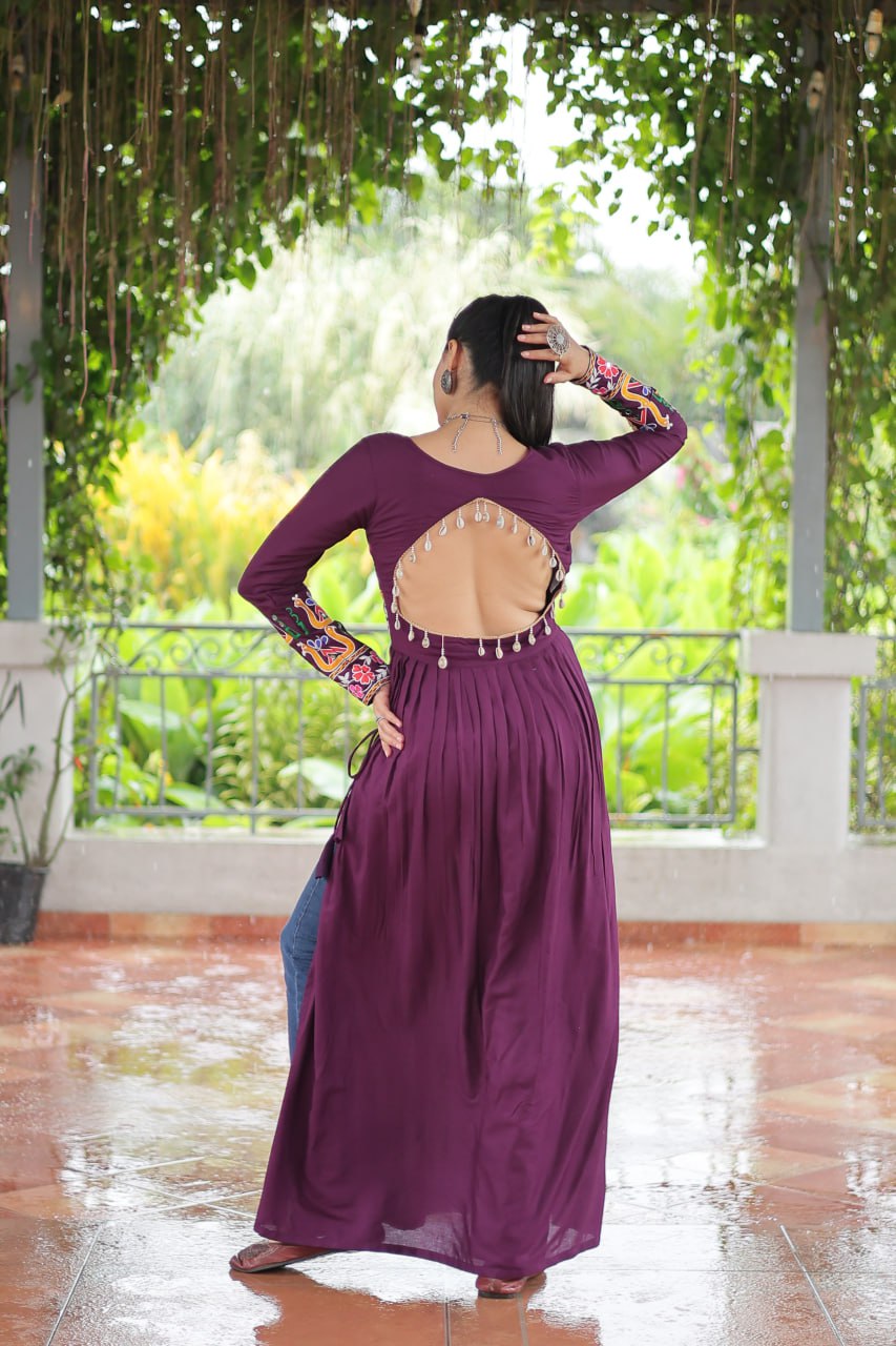 Purple Navratri Special Rayon Kurti with Kutchi Gamthi Work – Adjustable Fit & Full Sleeves