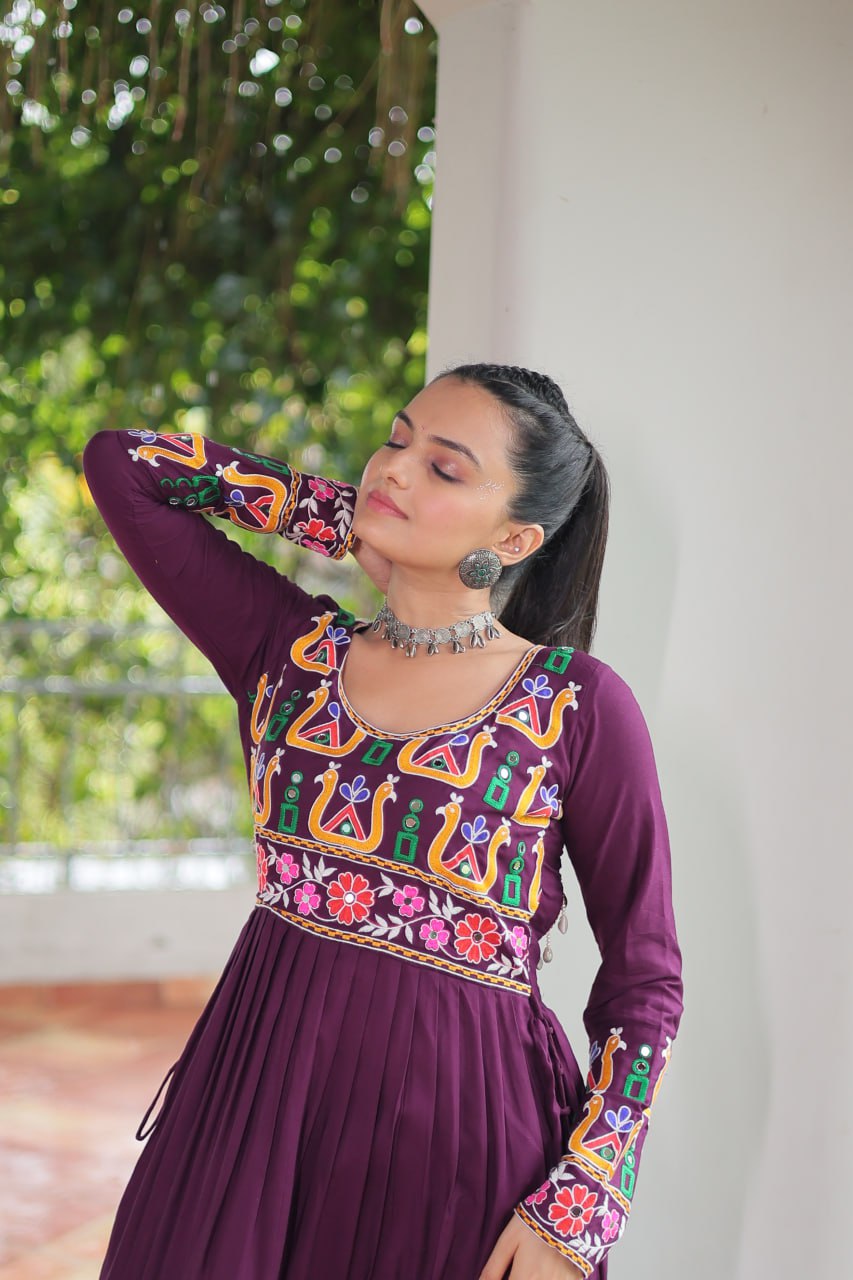 Purple Navratri Special Rayon Kurti with Kutchi Gamthi Work – Adjustable Fit & Full Sleeves