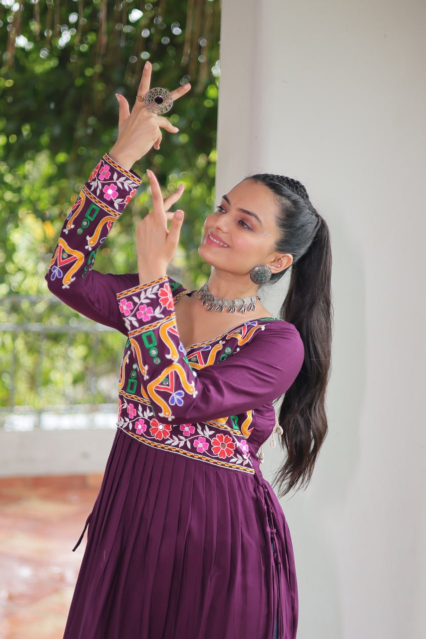 Purple Navratri Special Rayon Kurti with Kutchi Gamthi Work – Adjustable Fit & Full Sleeves