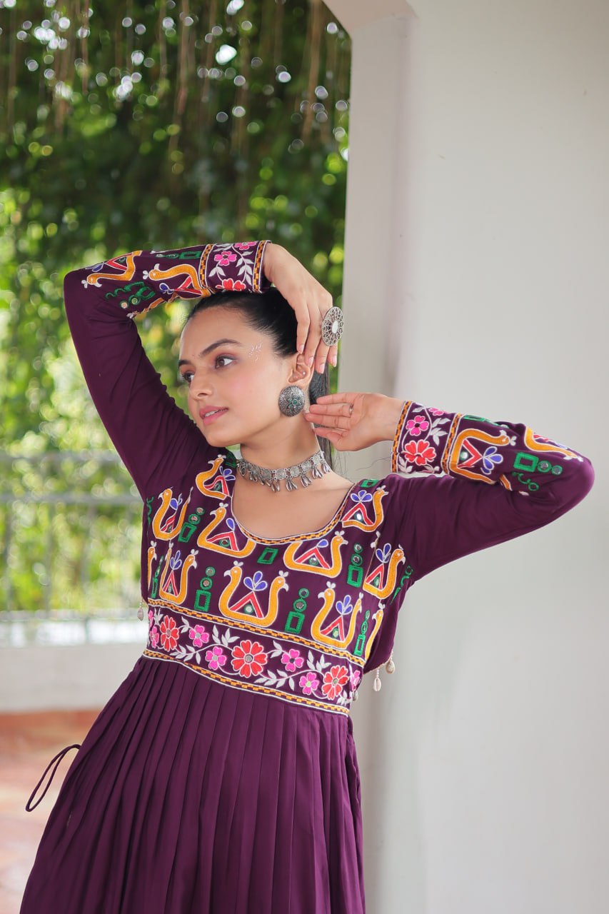 Purple Navratri Special Rayon Kurti with Kutchi Gamthi Work – Adjustable Fit & Full Sleeves