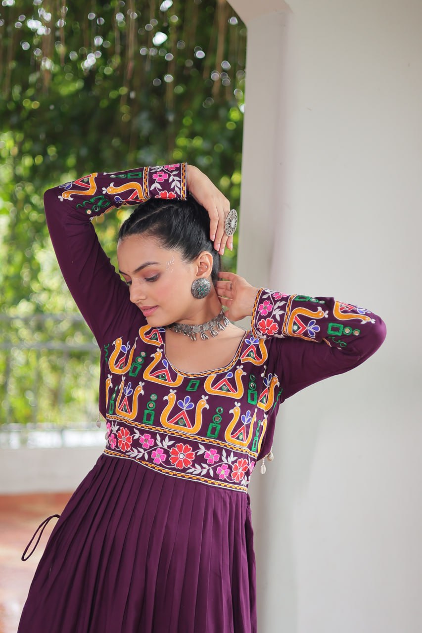 Purple Navratri Special Rayon Kurti with Kutchi Gamthi Work – Adjustable Fit & Full Sleeves