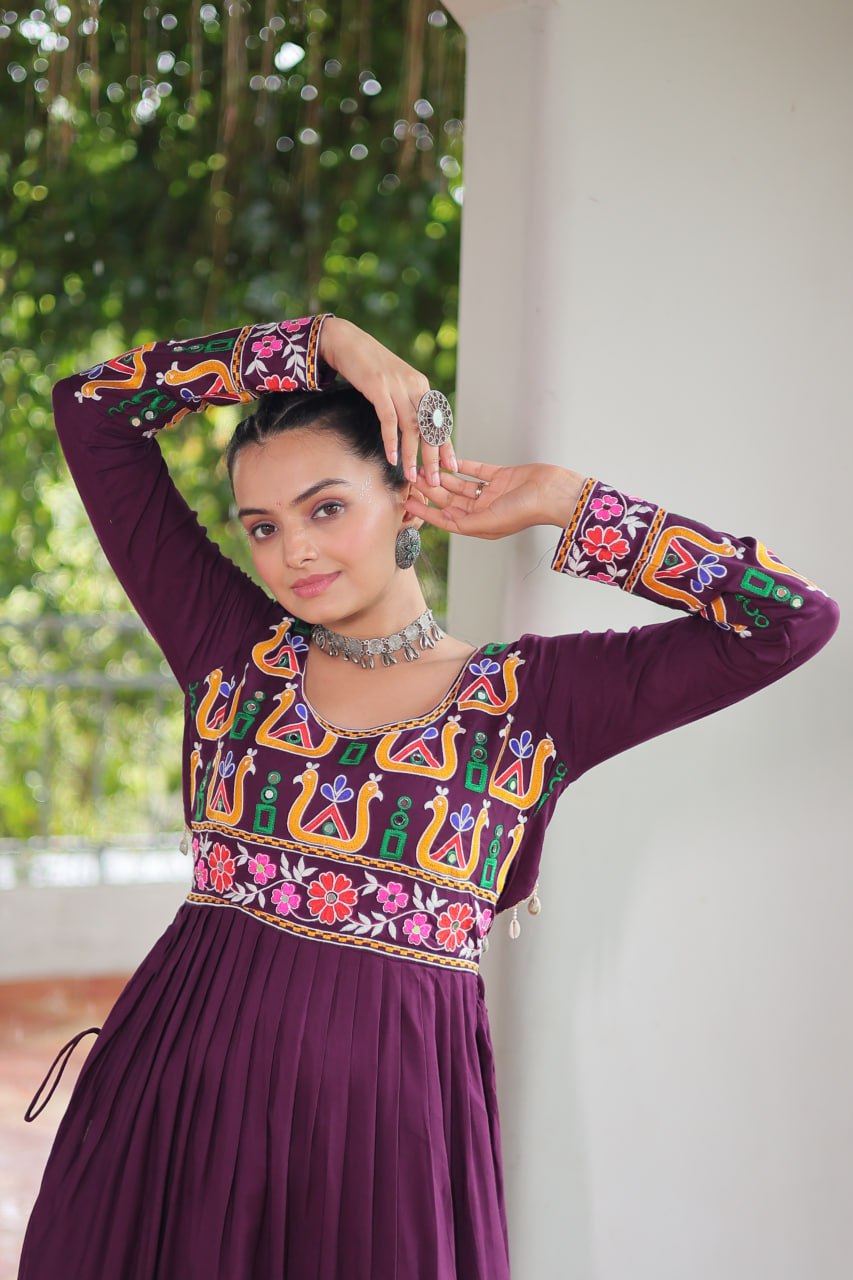 Purple Navratri Special Rayon Kurti with Kutchi Gamthi Work – Adjustable Fit & Full Sleeves