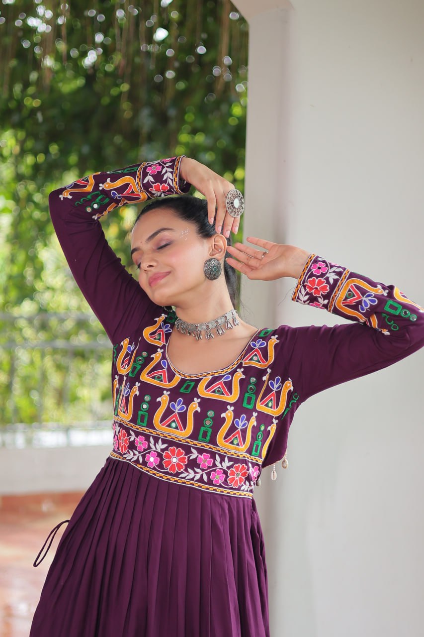 Purple Navratri Special Rayon Kurti with Kutchi Gamthi Work – Adjustable Fit & Full Sleeves