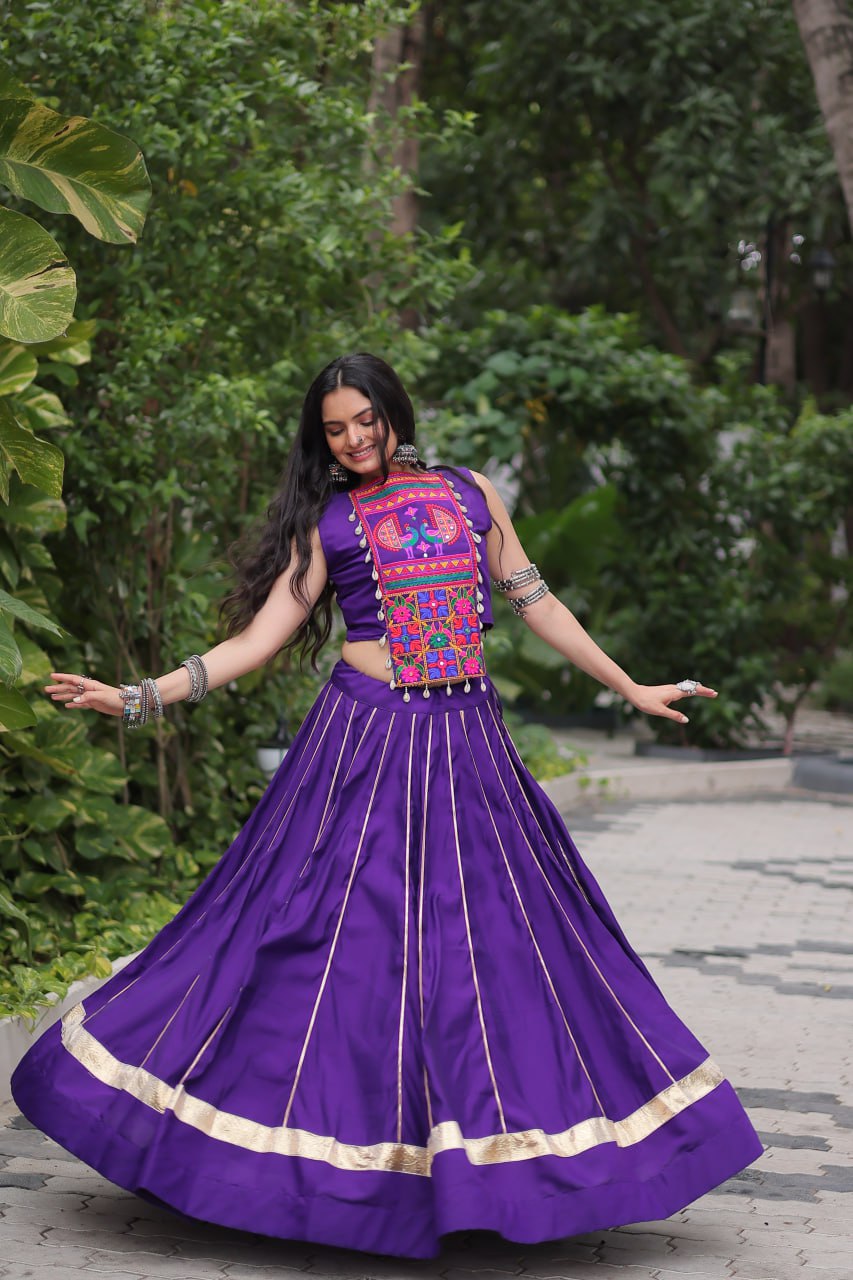 Purple Navratri Special Roman Fabric Lehenga Choli with Kutchi Gamthi & Mirror Work