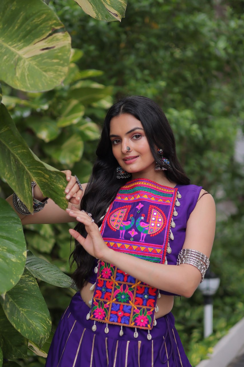 Purple Navratri Special Roman Fabric Lehenga Choli with Kutchi Gamthi & Mirror Work