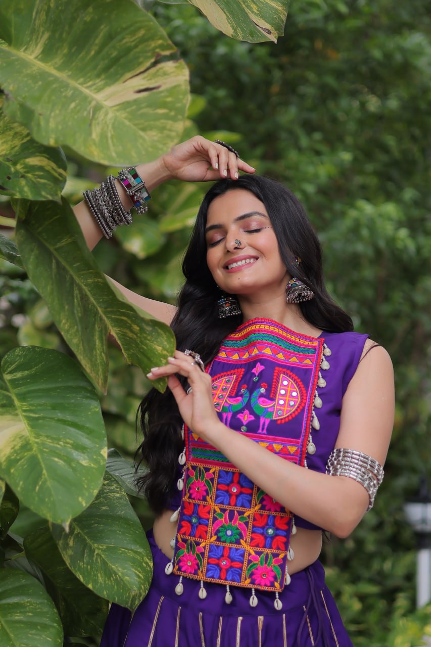 Purple Navratri Special Roman Fabric Lehenga Choli with Kutchi Gamthi & Mirror Work