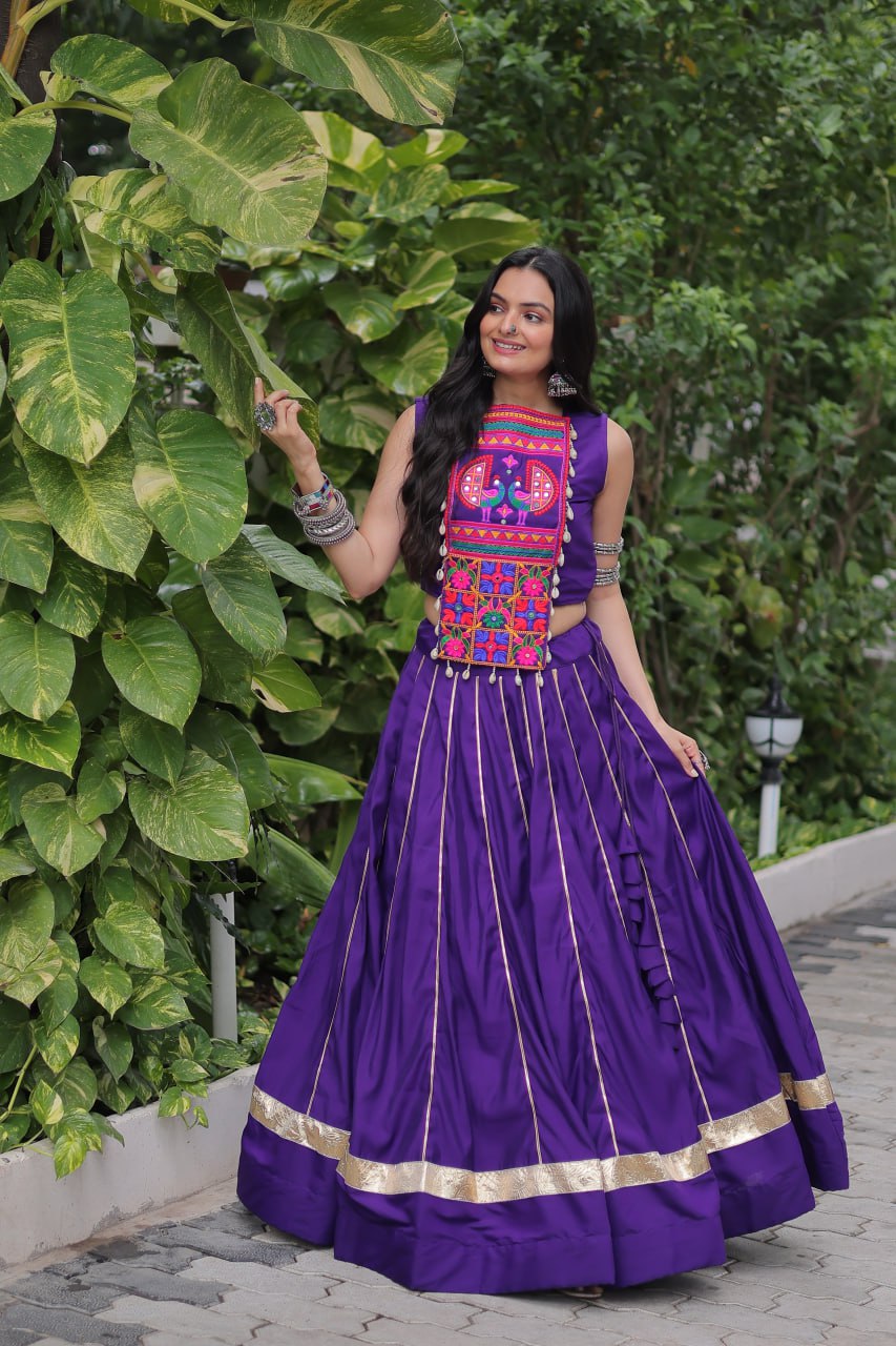 Purple Navratri Special Roman Fabric Lehenga Choli with Kutchi Gamthi & Mirror Work