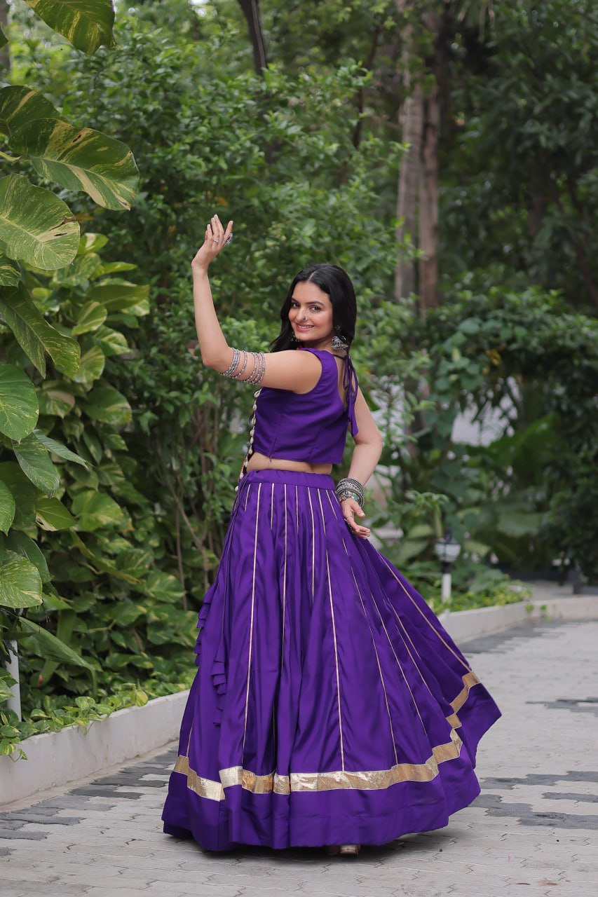 Purple Navratri Special Roman Fabric Lehenga Choli with Kutchi Gamthi & Mirror Work