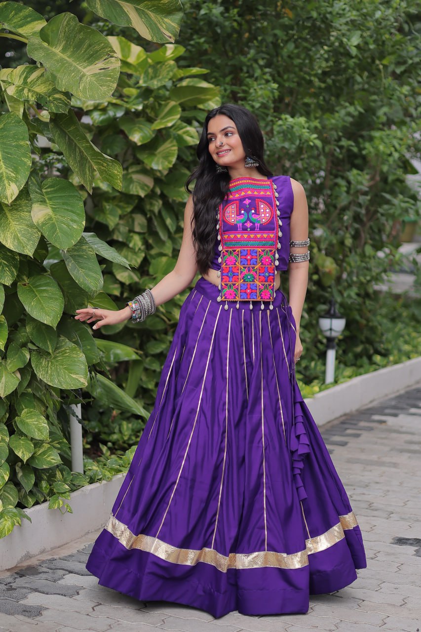 Purple Navratri Special Roman Fabric Lehenga Choli with Kutchi Gamthi & Mirror Work