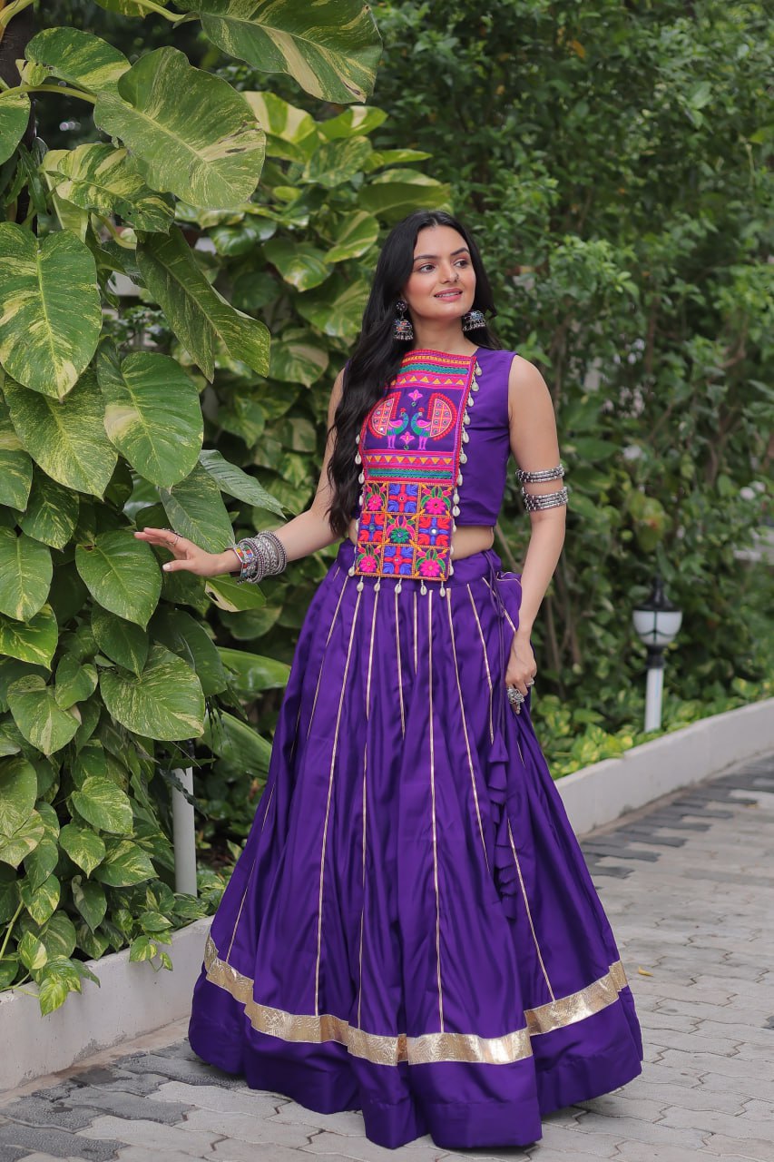 Purple Navratri Special Roman Fabric Lehenga Choli with Kutchi Gamthi & Mirror Work
