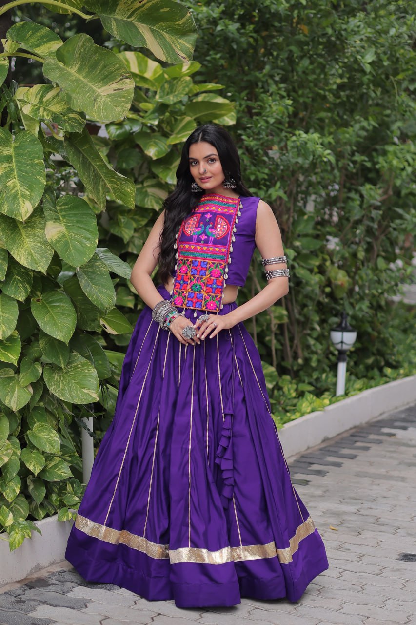 Purple Navratri Special Roman Fabric Lehenga Choli with Kutchi Gamthi & Mirror Work