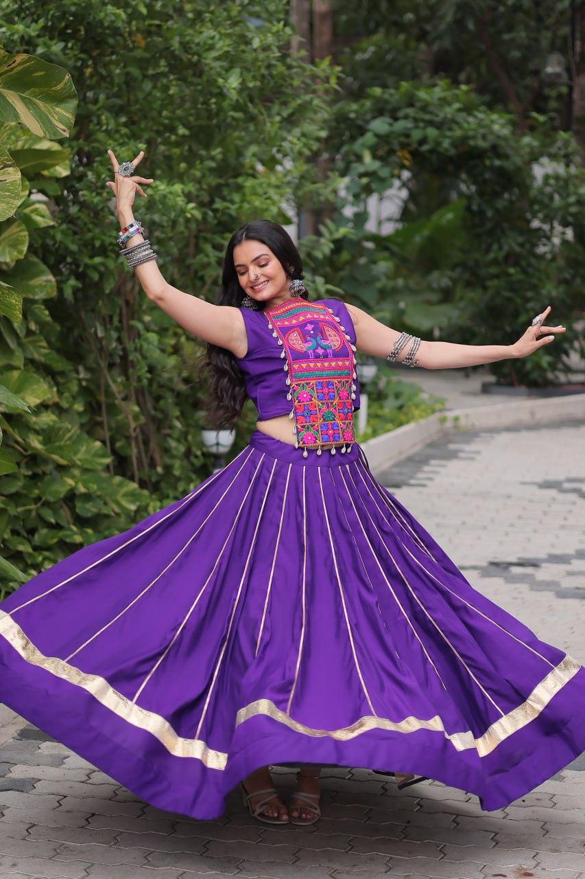 Purple Navratri Special Roman Fabric Lehenga Choli with Kutchi Gamthi & Mirror Work