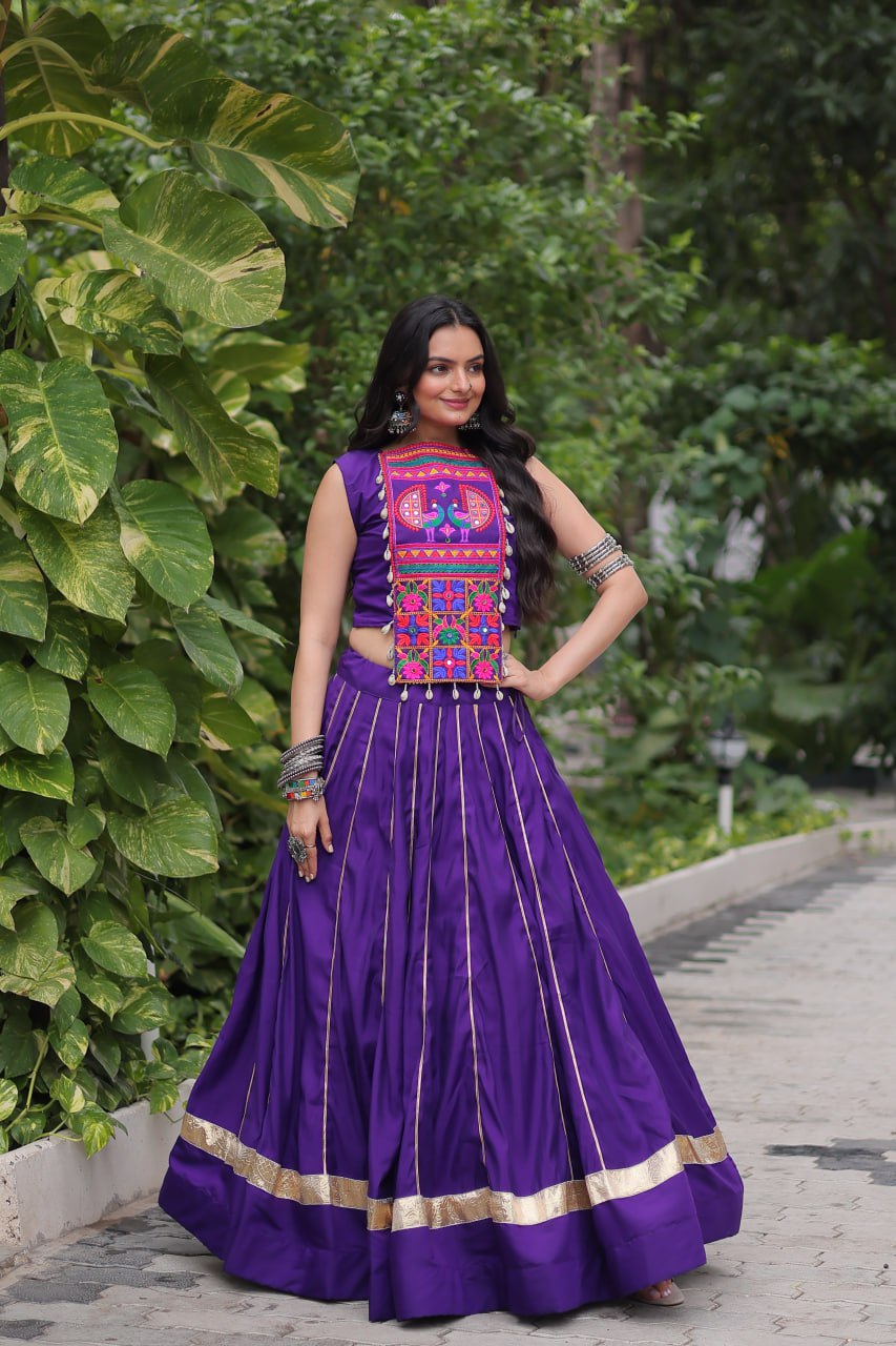 Purple Navratri Special Roman Fabric Lehenga Choli with Kutchi Gamthi & Mirror Work