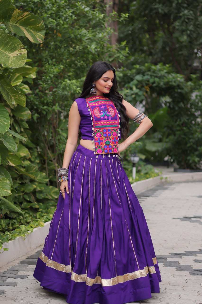 Purple Navratri Special Roman Fabric Lehenga Choli with Kutchi Gamthi & Mirror Work