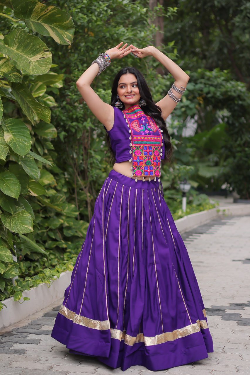 Purple Navratri Special Roman Fabric Lehenga Choli with Kutchi Gamthi & Mirror Work