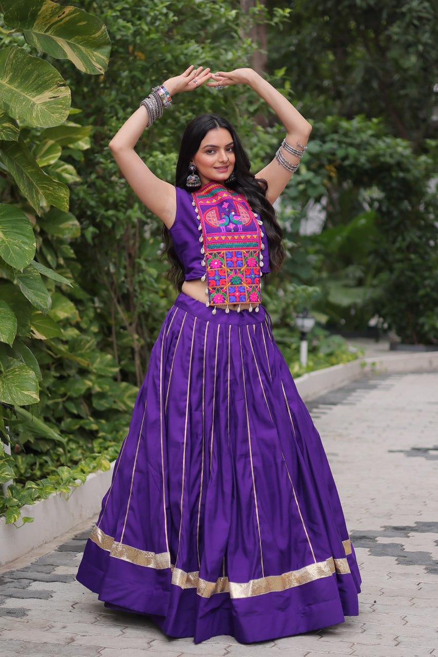 Purple Navratri Special Roman Fabric Lehenga Choli with Kutchi Gamthi & Mirror Work