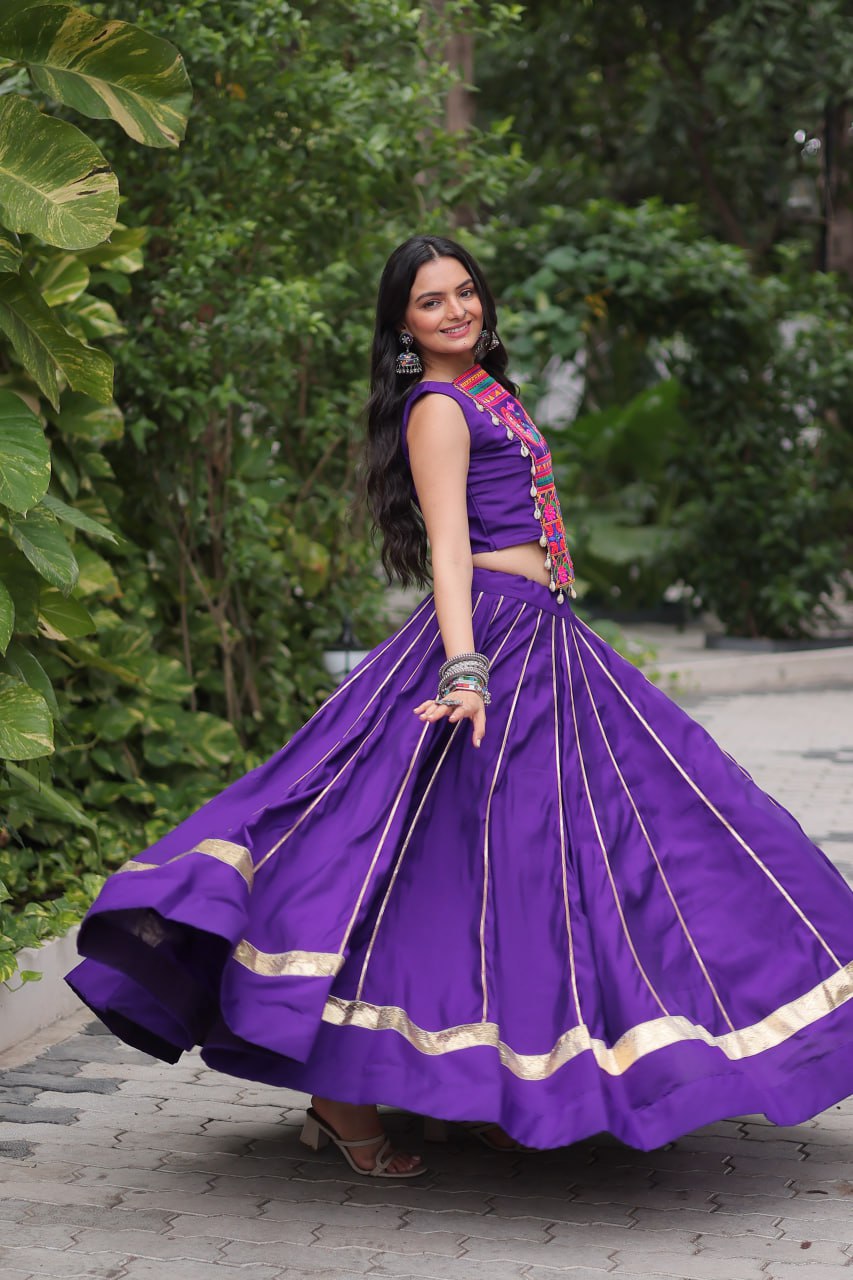 Purple Navratri Special Roman Fabric Lehenga Choli with Kutchi Gamthi & Mirror Work
