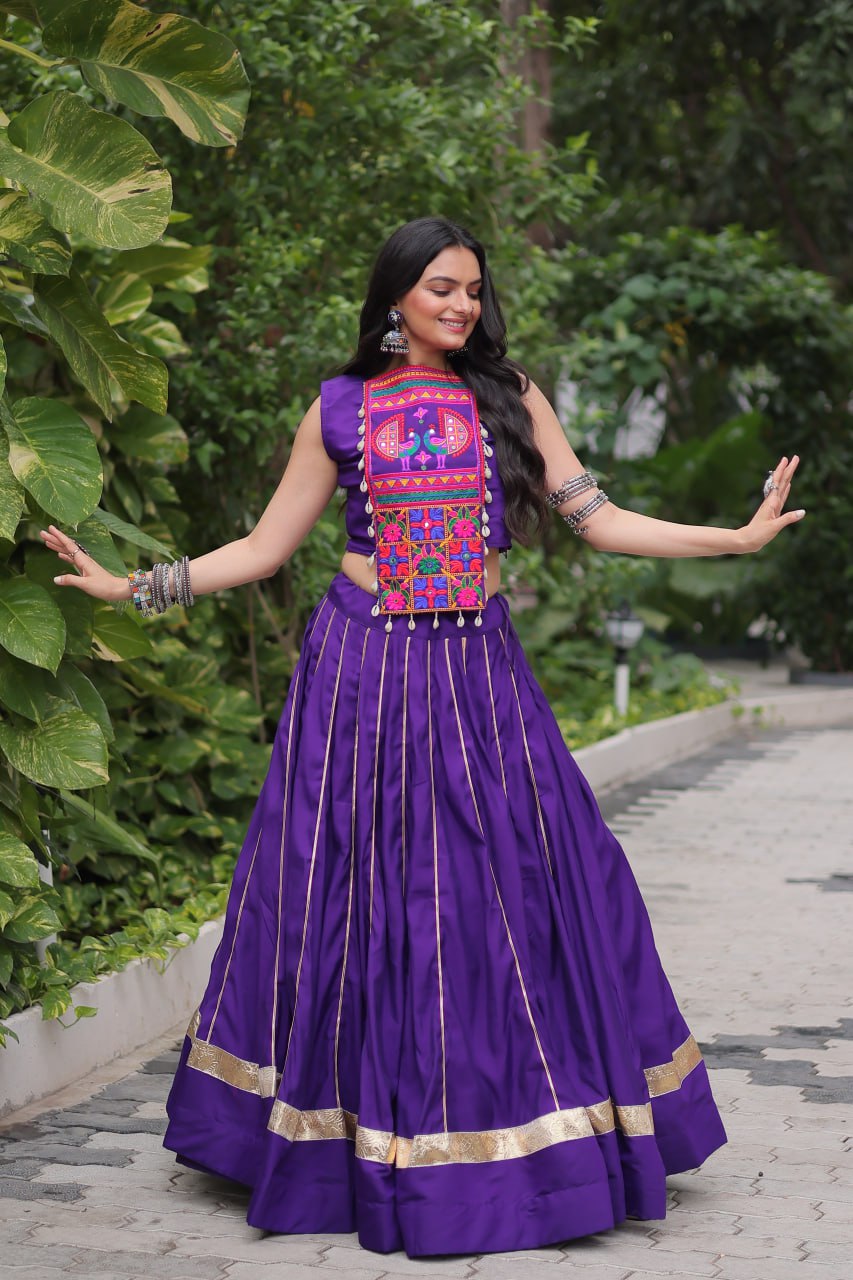 Purple Navratri Special Roman Fabric Lehenga Choli with Kutchi Gamthi & Mirror Work