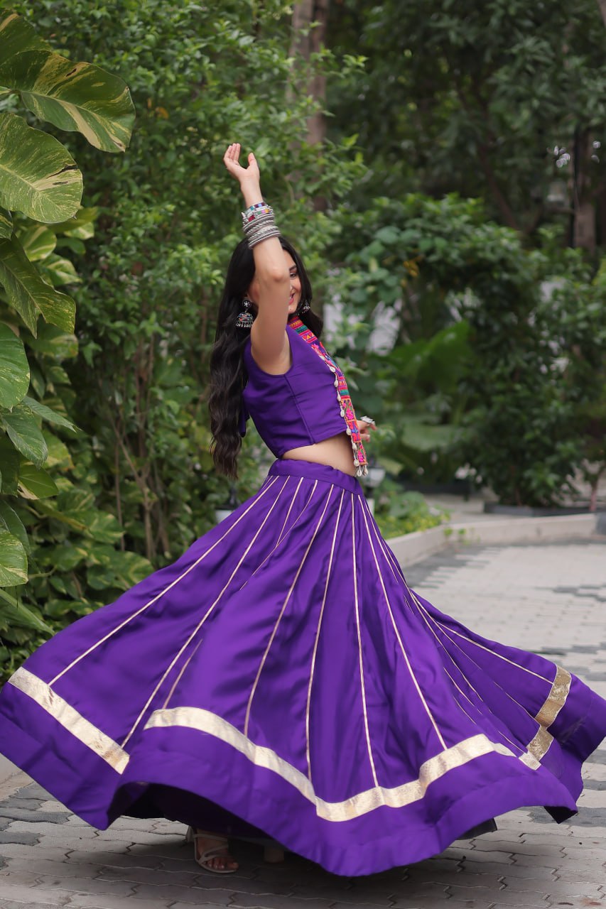 Purple Navratri Special Roman Fabric Lehenga Choli with Kutchi Gamthi & Mirror Work