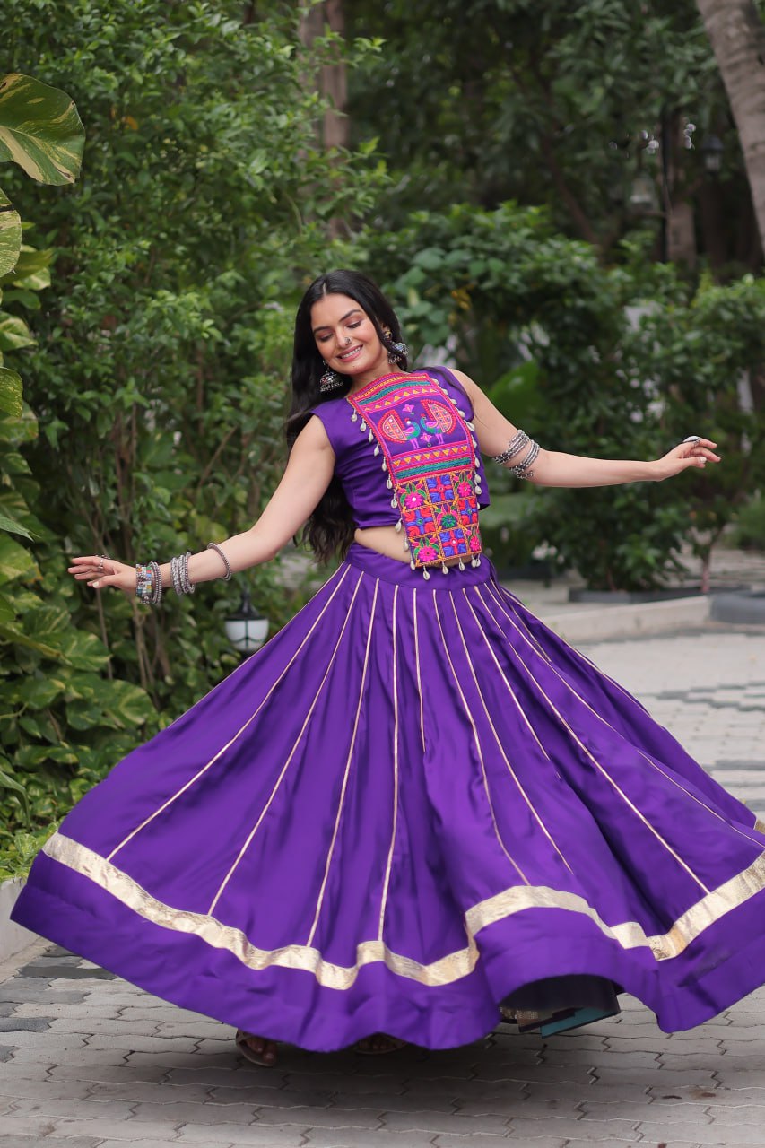 Purple Navratri Special Roman Fabric Lehenga Choli with Kutchi Gamthi & Mirror Work