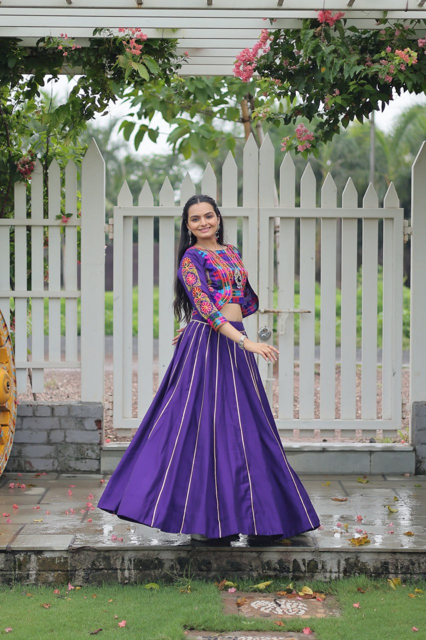 Purple Navratri Special Roman Fabric Lehenga Set with Kutchi Gamthi Embroidery & Gota Patti Lace