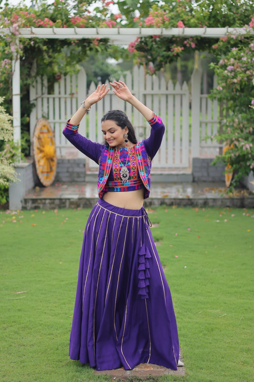 Purple Navratri Special Roman Fabric Lehenga Set with Kutchi Gamthi Embroidery & Gota Patti Lace