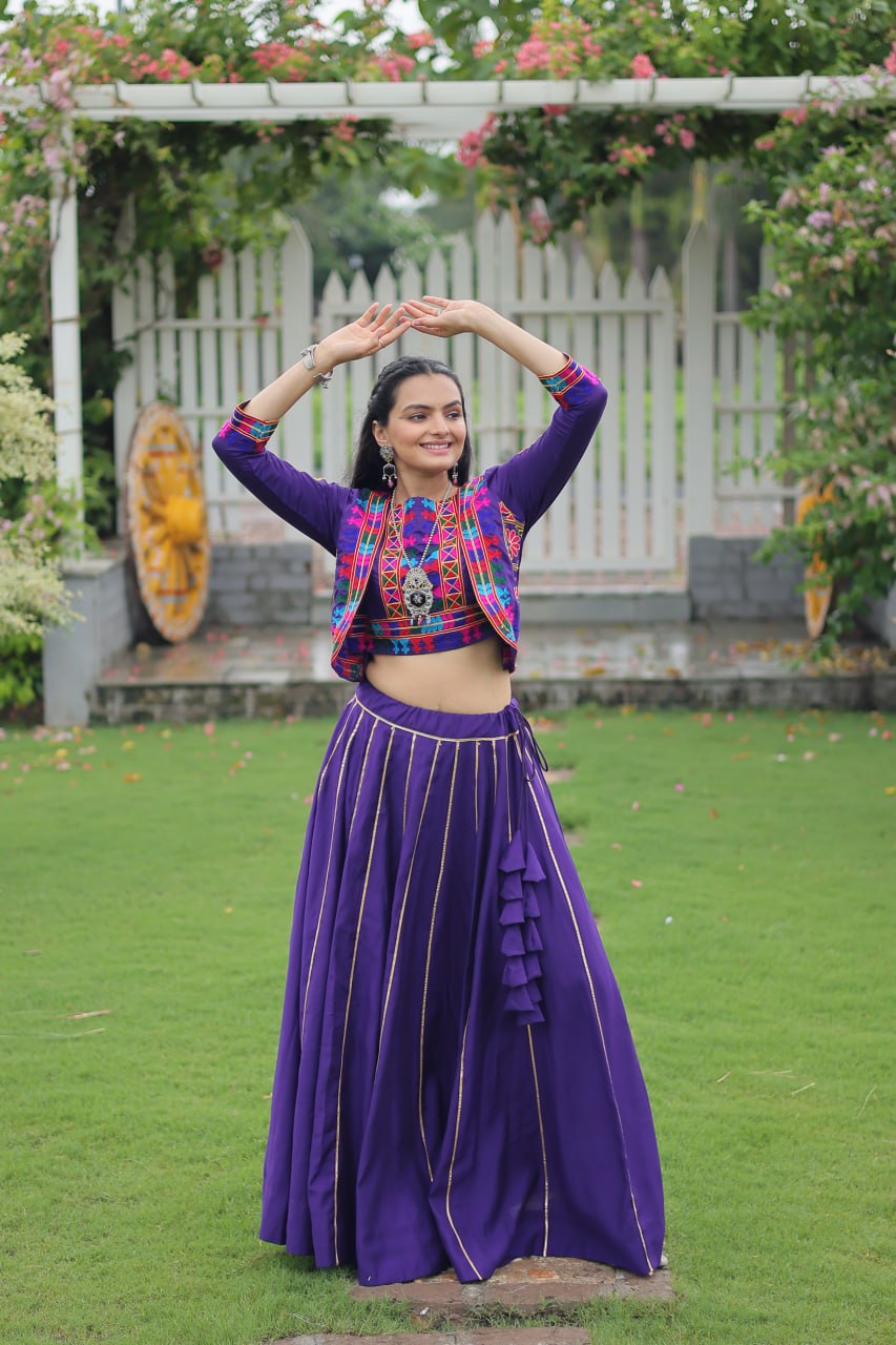 Purple Navratri Special Roman Fabric Lehenga Set with Kutchi Gamthi Embroidery & Gota Patti Lace
