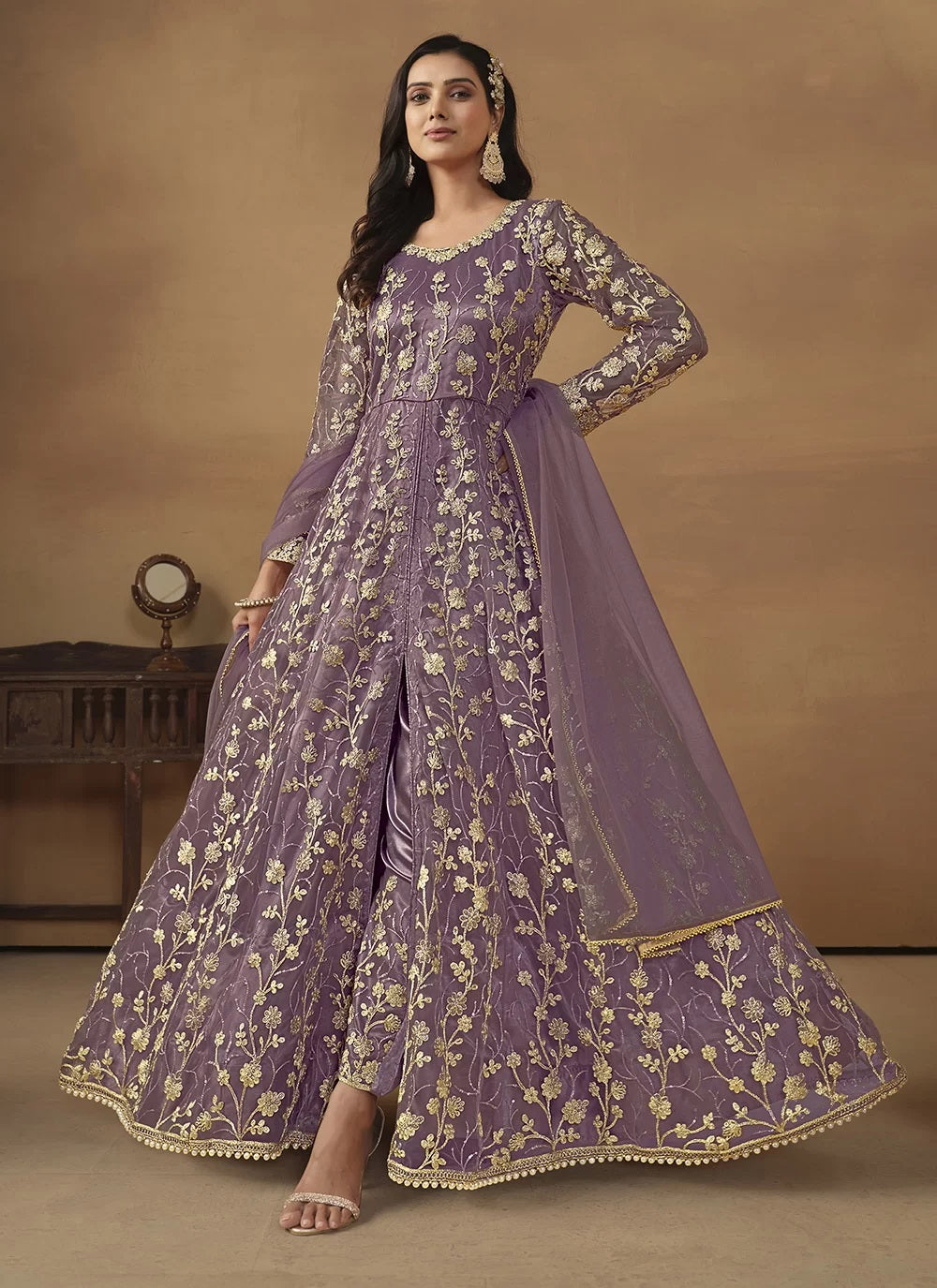 Purple net embroidered anarkali suit