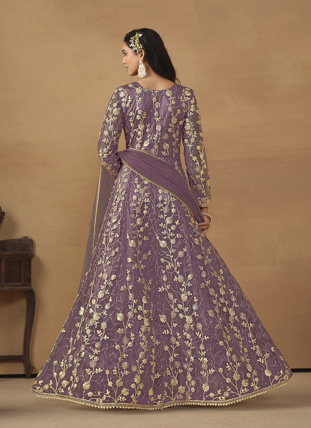 Purple net embroidered anarkali suit