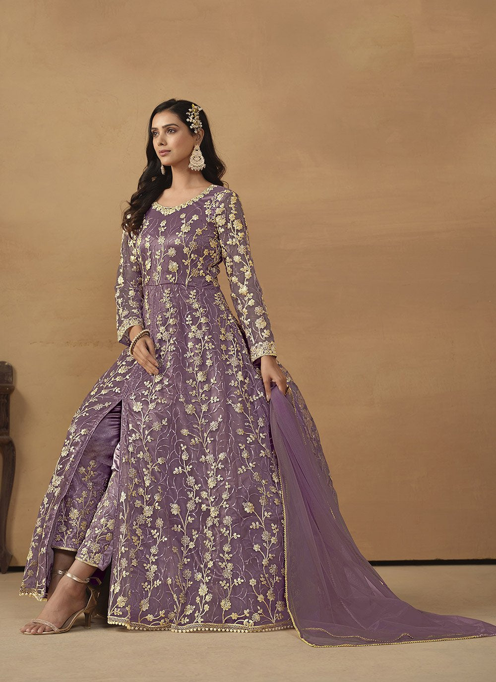 Purple net embroidered anarkali suit